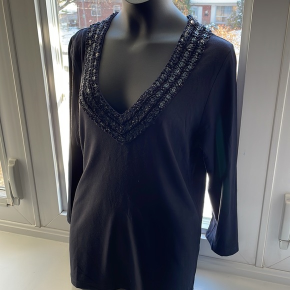 Holt Renfrew 3/4 length sleeve V neck with sequin embellishments Sz L - Picture 1 of 6